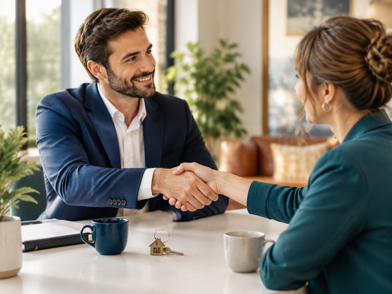 Two professionals shaking hands at a table